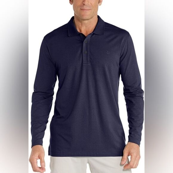 Coolibar Navy Blue Nautical Long Sleeved Polo Sun Protection UPF 50 Shirt M - Picture 1 of 8